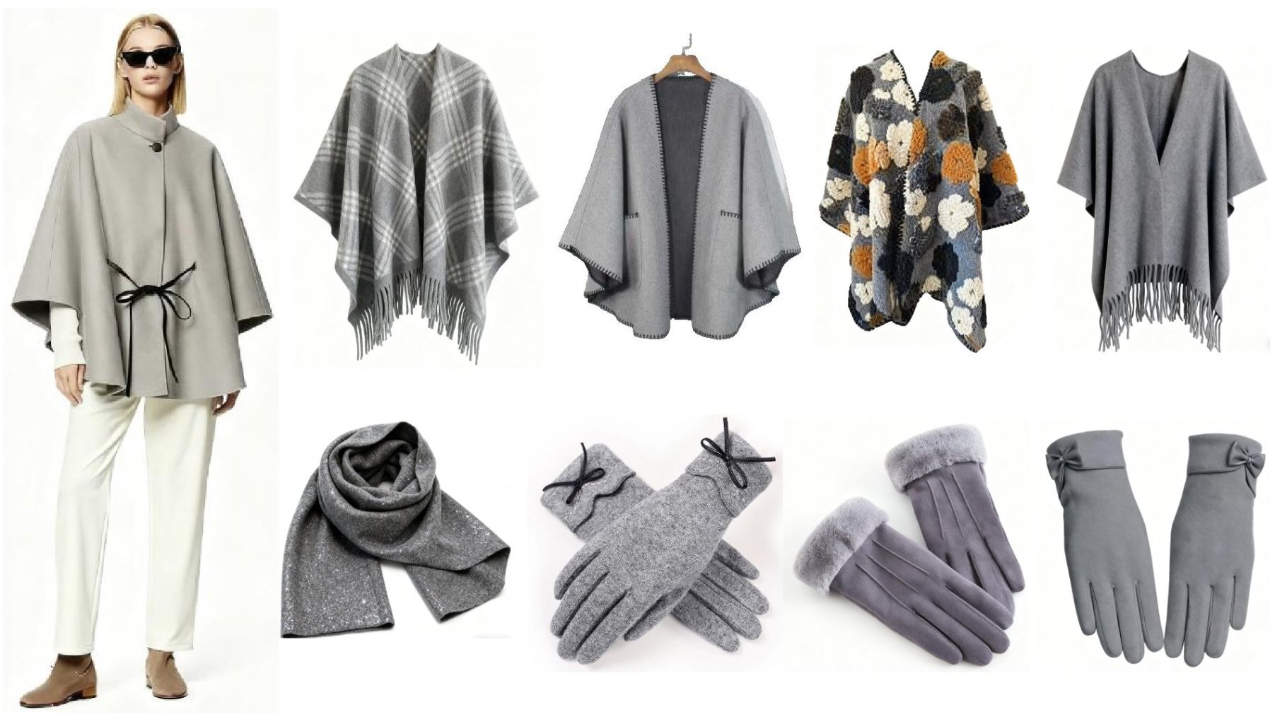 Fashionable Gray Shawl and Gloves Set
