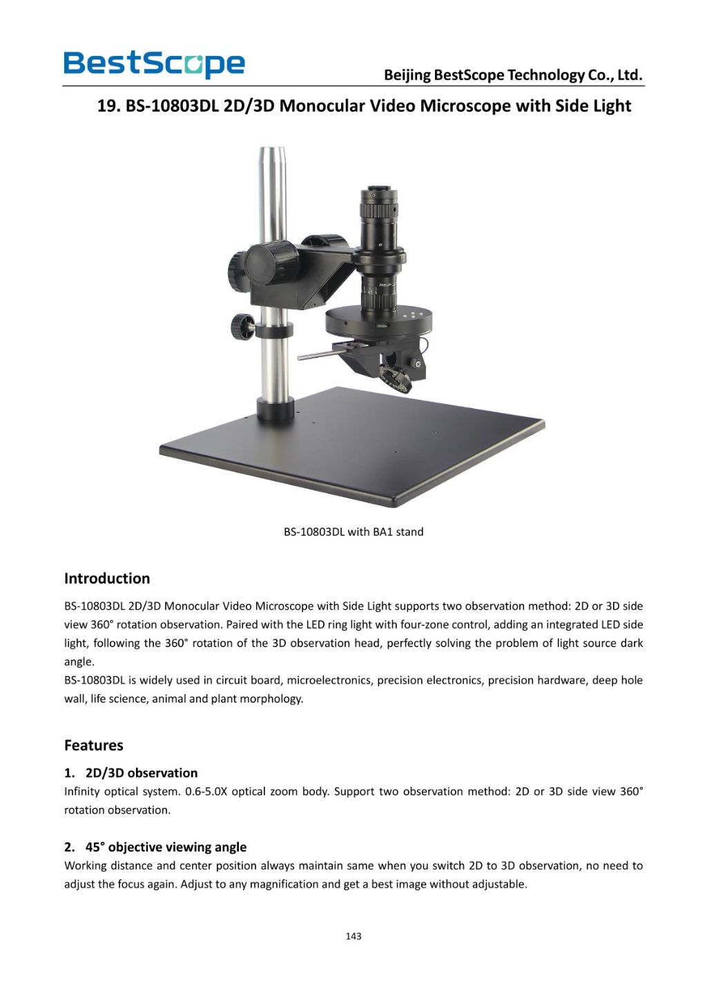 BS-10803DL 2D/3D Monocular Video Microscope