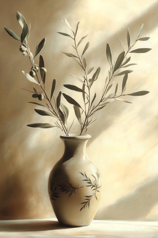 Minimalist Ceramic Vase with Olive Branch Decoration