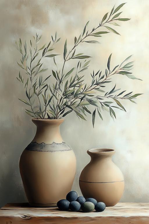 Minimalist Hand-Painted Olive Branch Decorative Vase Set